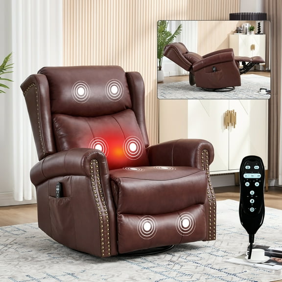 Genuine Leather Recliner Chair with Heat Massage, 360° Swivel Rocker Recliner with 8-Point Massage System, Manual Handle Operation, Red