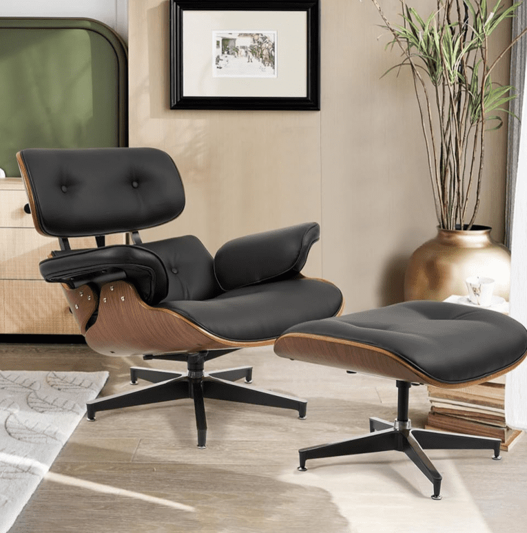 Genuine Leather Recliner with Matching Footrest, Mid-Century Vintage Design, Wide Cushioned Sides, Robust Metal Frame, Ideal for Family Room, Bedroom, Study
