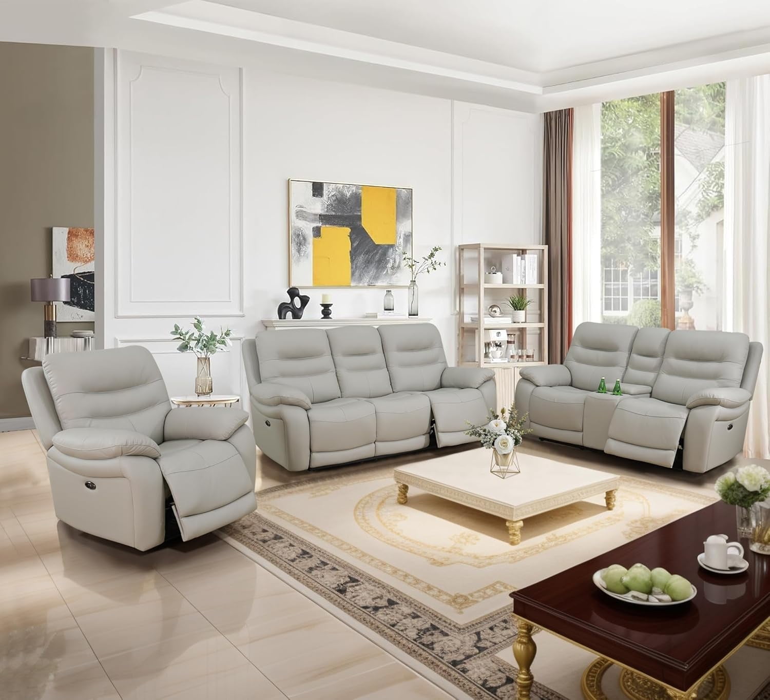 Genuine Leather Recliner Sofa Set, Power Reclining Sofa Set with USB Charging, Leather Living Room Furniture Set (3 Piece Leather Sofa Set, Light Grey), SOFA+LOVESEAT+CHAIR