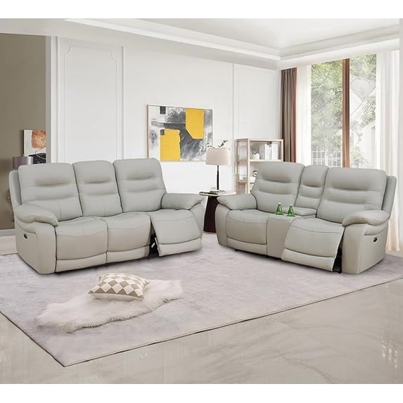 Genuine Leather Recliner Sofa Set, Power Reclining Sofa Set with USB Charging, Leather Living Room Furniture Set with Cup Holder&Storage (Sofa+LOVESEAT)