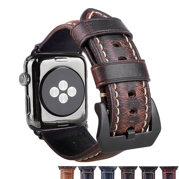 Genuine Leather Replacement Watchstrap for 42mm Apple Watch Series 3 to 1 Coffee Rough Oil Wax Vintage with Black Buckle Black Connector