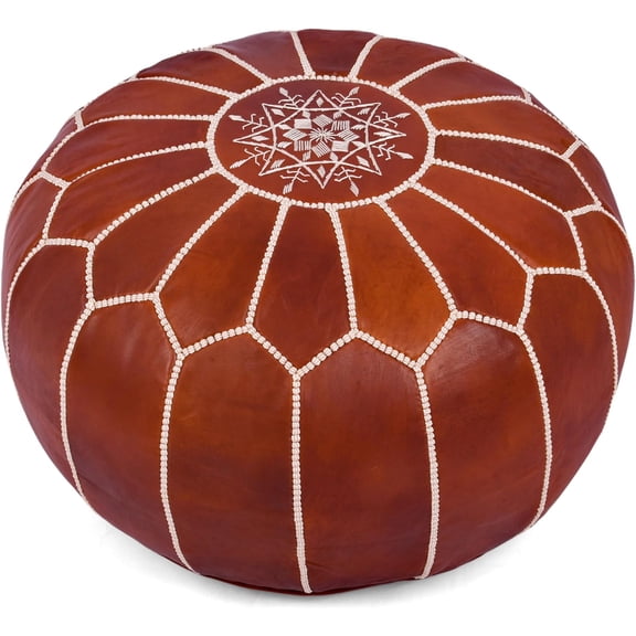 Genuine Leather Round Pouf Cover - Handmade Moroccan Ottoman Footstool, Unstuffed Footrest Boho Decor Bohemian Living Room, Bedroom, Kids Room Housewarming Gift & Wedding