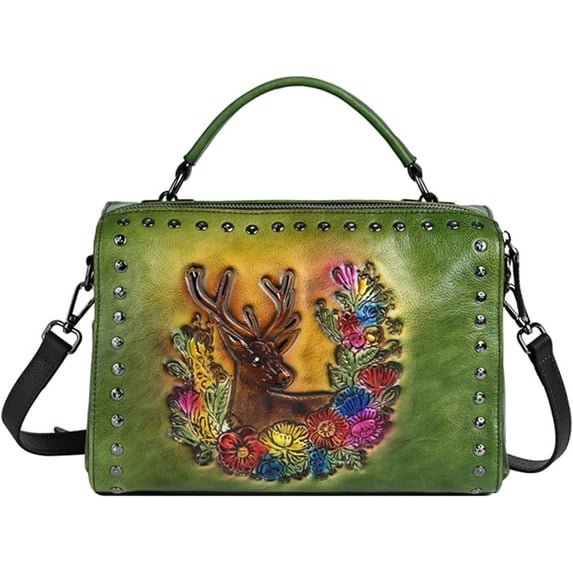 Genuine Leather Satchel Bag for Women, Retro Deer Head Embossing Crossbody Shoulder Bags Handbag Purses