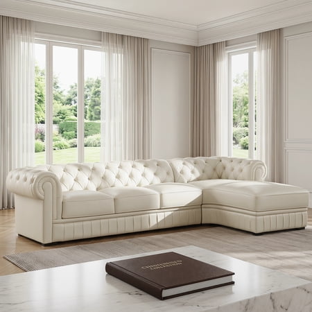 Genuine Leather Sectional Sofa, Handcrafted L-Shape Italian Full-Grain Leather Couch with European Embossed Pattern, Button Tufting & Rolled Arms, Chesterfield Living Room Furniture Set Left Chaise