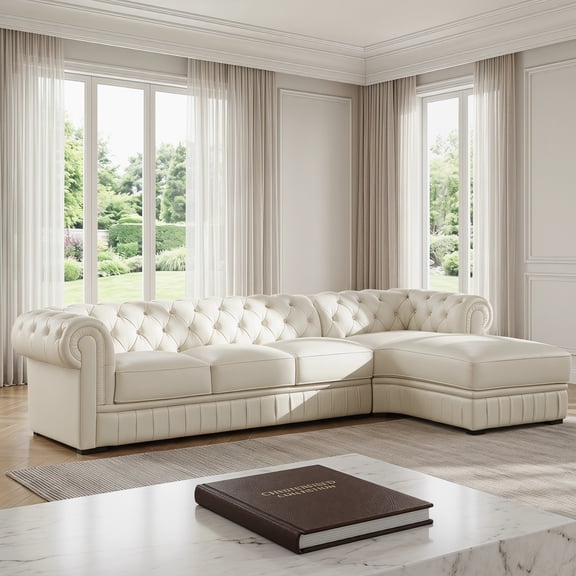 Genuine Leather Sectional Sofa, Handcrafted L-Shape Italian Full-Grain Leather Couch with European Embossed Pattern, Button Tufting & Rolled Arms, Chesterfield Living Room Furniture Set Left Chaise