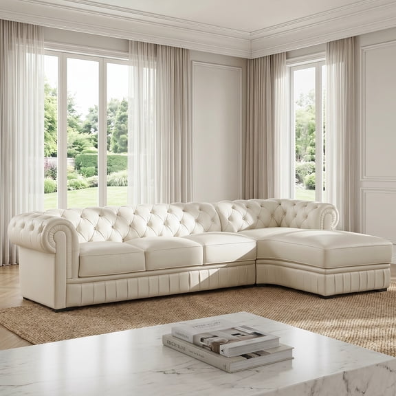 Genuine Leather Sectional Sofa, Handcrafted L-Shape Italian Full-Grain Leather Couch with European Embossed Pattern, Button Tufting & Rolled Arms, Chesterfield Living Room Furniture Set Right Chaise
