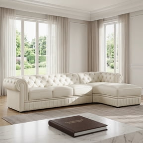 Genuine Leather Sectional Sofa, Handcrafted L-Shape Italian Full-Grain Leather Couch with European Embossed Pattern, Button Tufting & Rolled Arms, Chesterfield Living Room Furniture Set Left Chaise