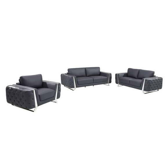 Genuine Leather Six Person Seating Set, Dark Gray - 3 Piece