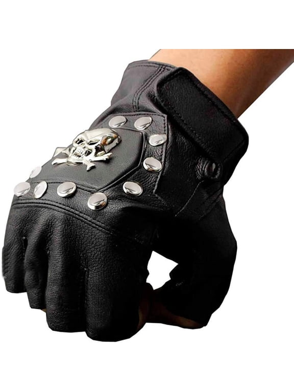 Genuine Leather Skull Gloves Men Gothic Steampunk Biker Vintage Fingerless
