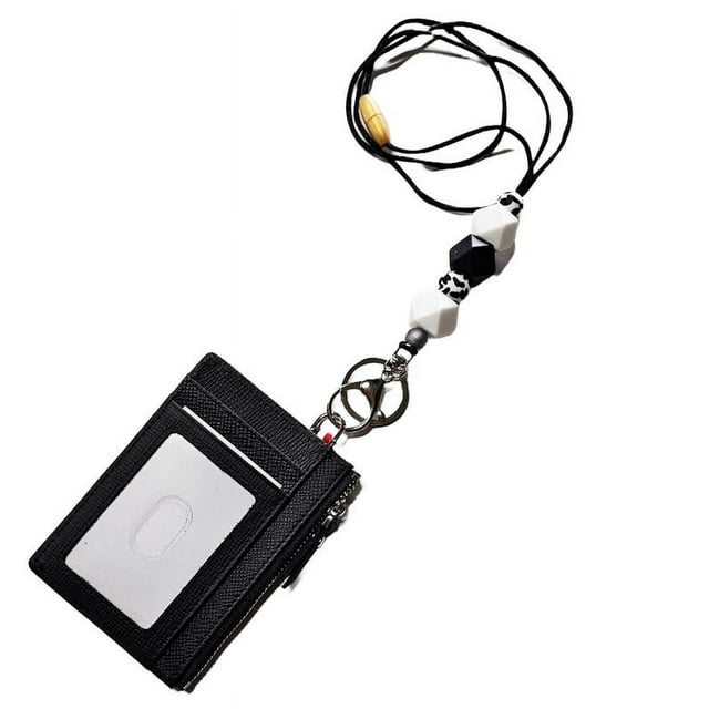 Genuine Leather Slim Minimalist Wallet with Zipper & Lanyard, Saffiano Leather Credit Card Holder Front Pokcet ID Badge Case RFID Blocking - Card Holder & Beaded Lanyard