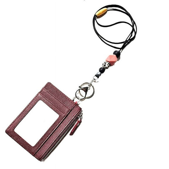 Genuine Leather Slim Minimalist Wallet with Zipper & Lanyard, Saffiano Leather Credit Card Holder Front Pokcet ID Badge Case RFID Blocking - Card Holder & Beaded Lanyard