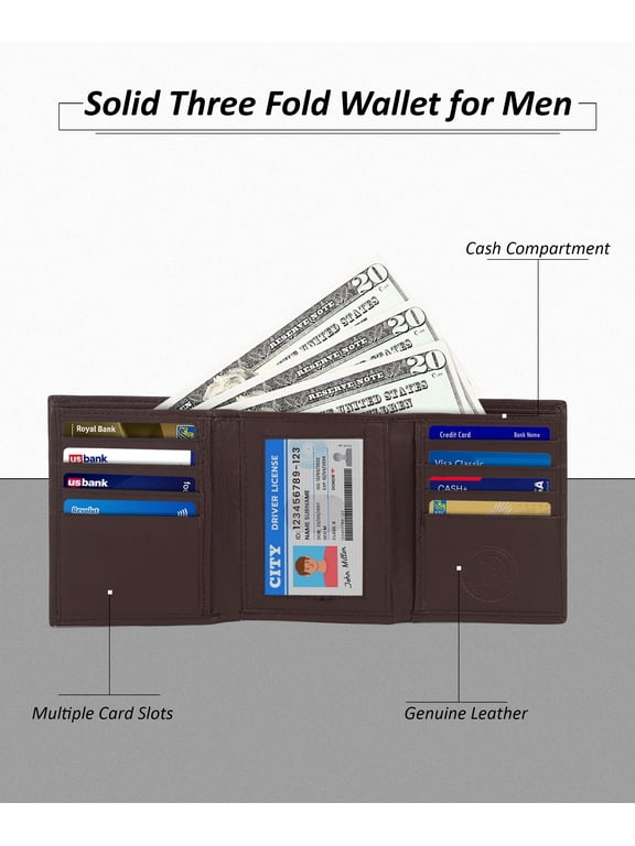 Genuine Leather Slim Trifold Wallet for Men with ID Window and RFID Blocking, Dark Brown
