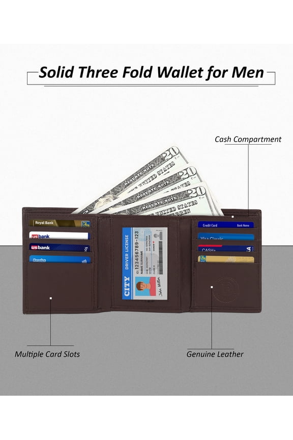 Genuine Leather Slim Trifold Wallet for Men with ID Window and RFID Blocking, Dark Brown