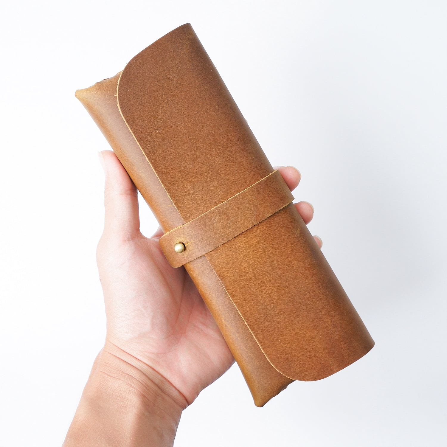 Genuine Leather Snap Cover Pen Case Coconut Brown Crazy Horse Leather Roll Pouch Rustic Pencil Pouch Large Capacity Stationery Bag Organizer for Men Women Glasses Office Writers Artists