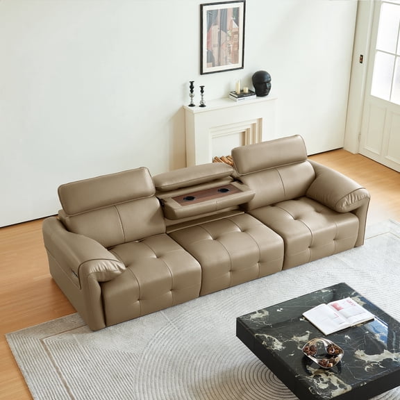 Genuine Leather Sofa with Drop-Down Cup Holder Console, Modern Modular Sectional Couch with Adjustable Headrests, 3-Seater Power Recliner Couches with Solid Wood Frame for Living Room, Office, Beige