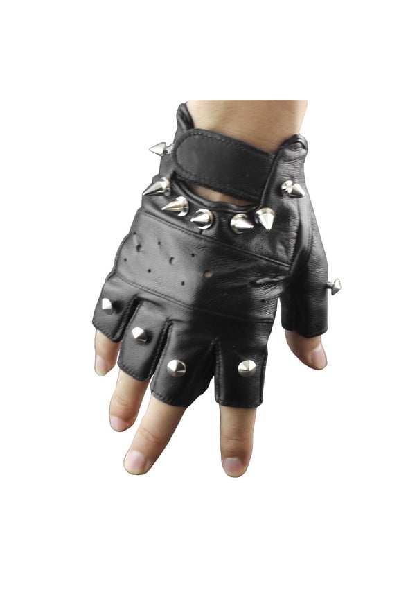 Genuine Leather Spike Rivet Around Punk Gothic Mens Driving fingerless Gloves