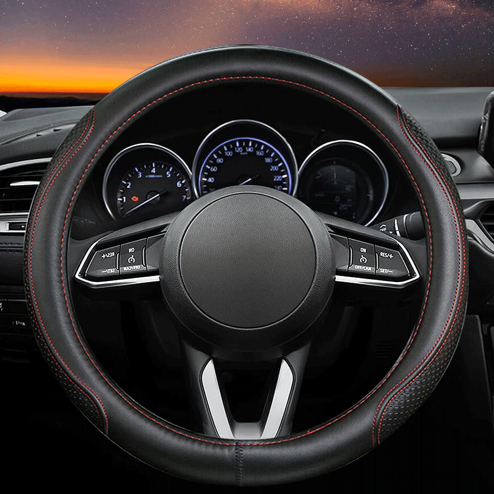 Genuine Leather Steering Wheel Cover, 14.5 - 15 Inches Universal Fit for Truck Sedans SUVs Black with Red stitching