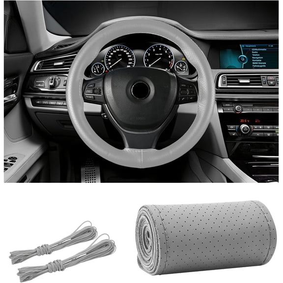Genuine Leather Steering Wheel Cover, 15 Inch Universal Breathable Anti-Slip Car Steering Wheel Protector, DIY Sewing with Needle Thread Fit for Men and Women (Gray, Hole)