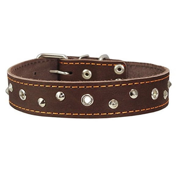 Genuine Leather Studded Dog Collar, 1.25" Wide. Fits 16"-19" Neck (Brown)