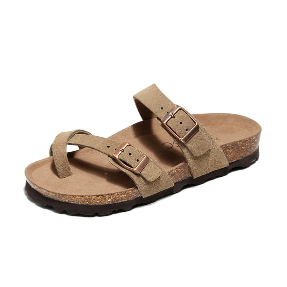 Genuine Leather Summer Sandals Women Slides for Women Natural Cork Footbed Womens Slides Straps - Womens Sandals Comfortable Spring Break Outfit Women Footwear