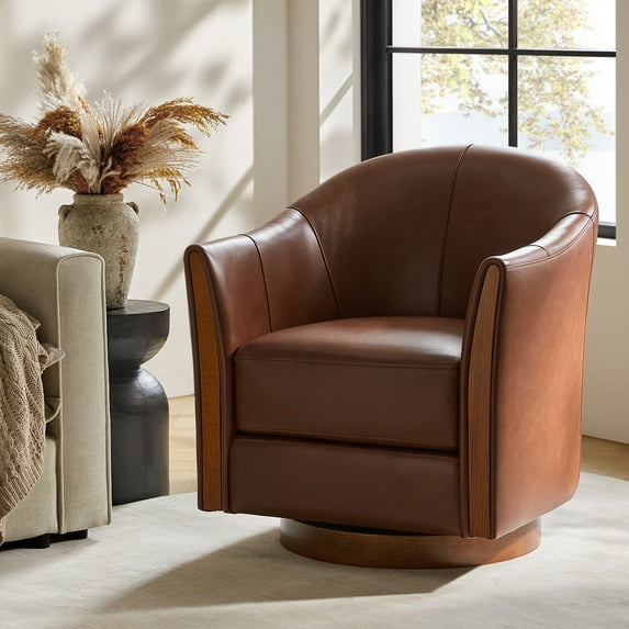 Genuine Leather Swivel Barrel Chair Modern Upholstered Armchair Solid Wooden Base Living Room Brown