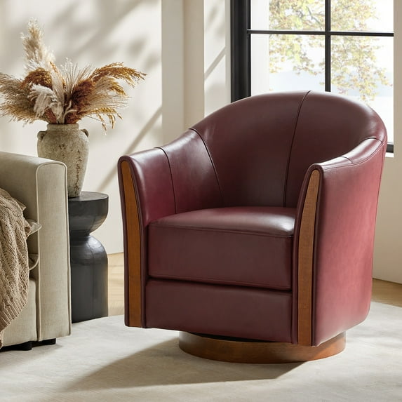 Genuine Leather Swivel Barrel Chair Modern Upholstered Armchair Solid Wooden Base Living Room Burgundy