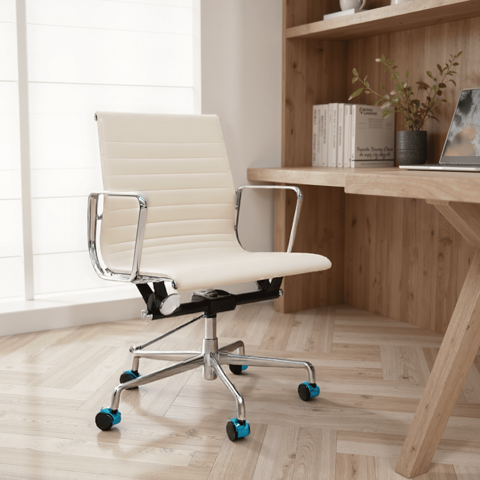 Genuine Leather Swivel Desk Office Chair, Adjustable Aluminum Base Conference Chair for Home Office