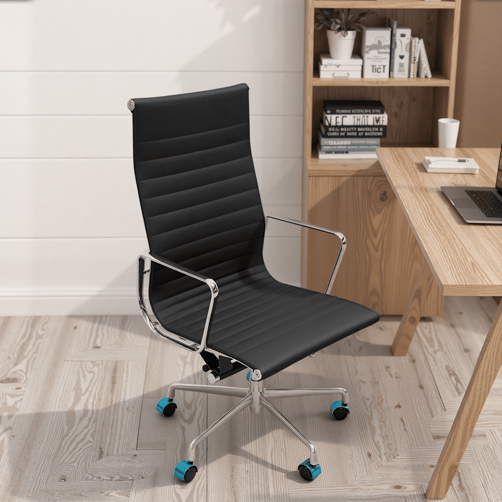 Genuine Leather Swivel Desk Office Chair, Adjustable Aluminum Base Conference Chair for Home Office