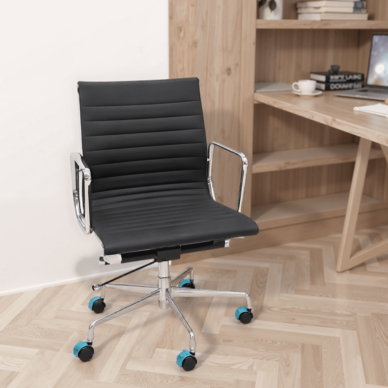 Genuine Leather Swivel Desk Office Chair, Adjustable Aluminum Base Conference Chair for Home Office