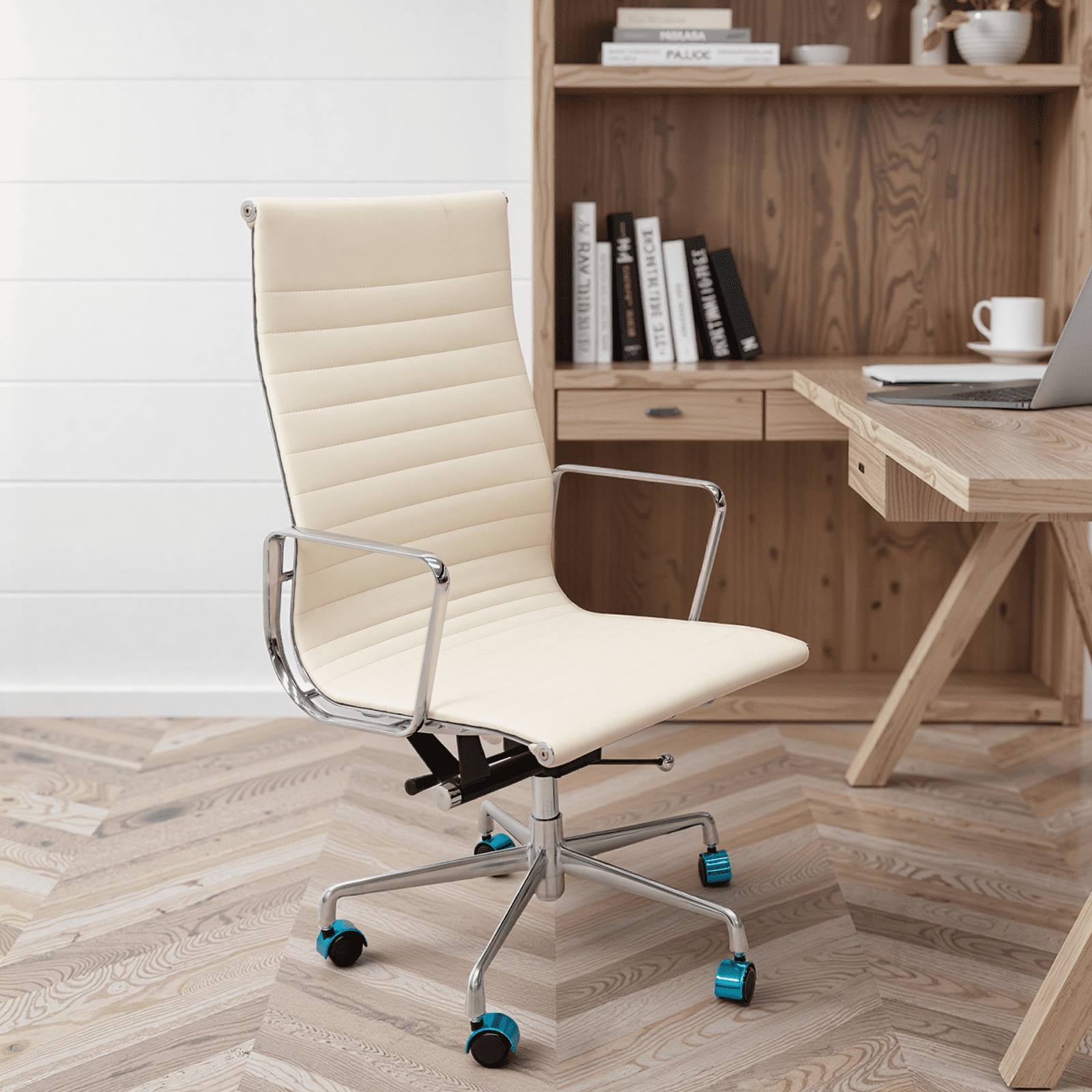 Genuine Leather Swivel Desk Office Chair, Adjustable Aluminum Base Conference Chair for Home Office