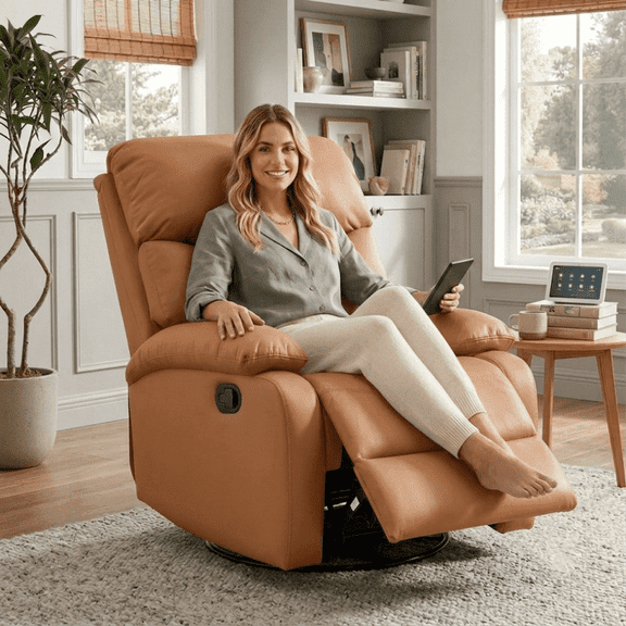 Genuine Leather Swivel Glider Recliner, Wall Hugger Rocking Chair for Living Room, Brown