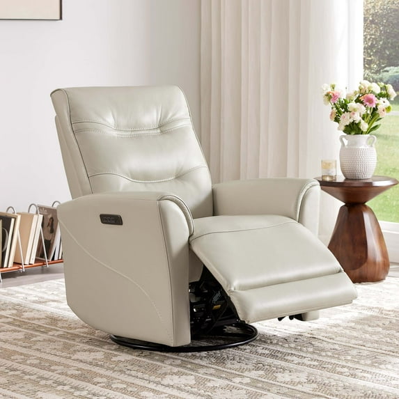 Spruce & Spring Genuine Leather Swivel Glider Recliner with Triple Motor Support for Living Room, Light Gray
