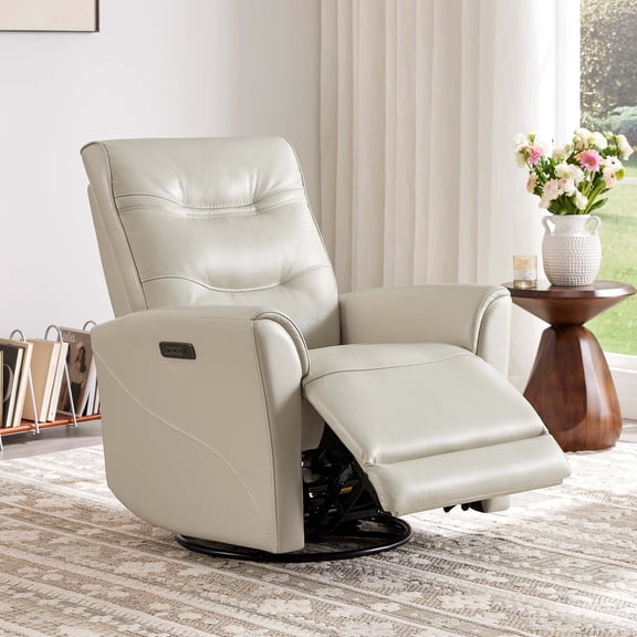 Spruce & Spring Genuine Leather Swivel Glider Recliner with Triple Motor Support for Living Room, Light Gray