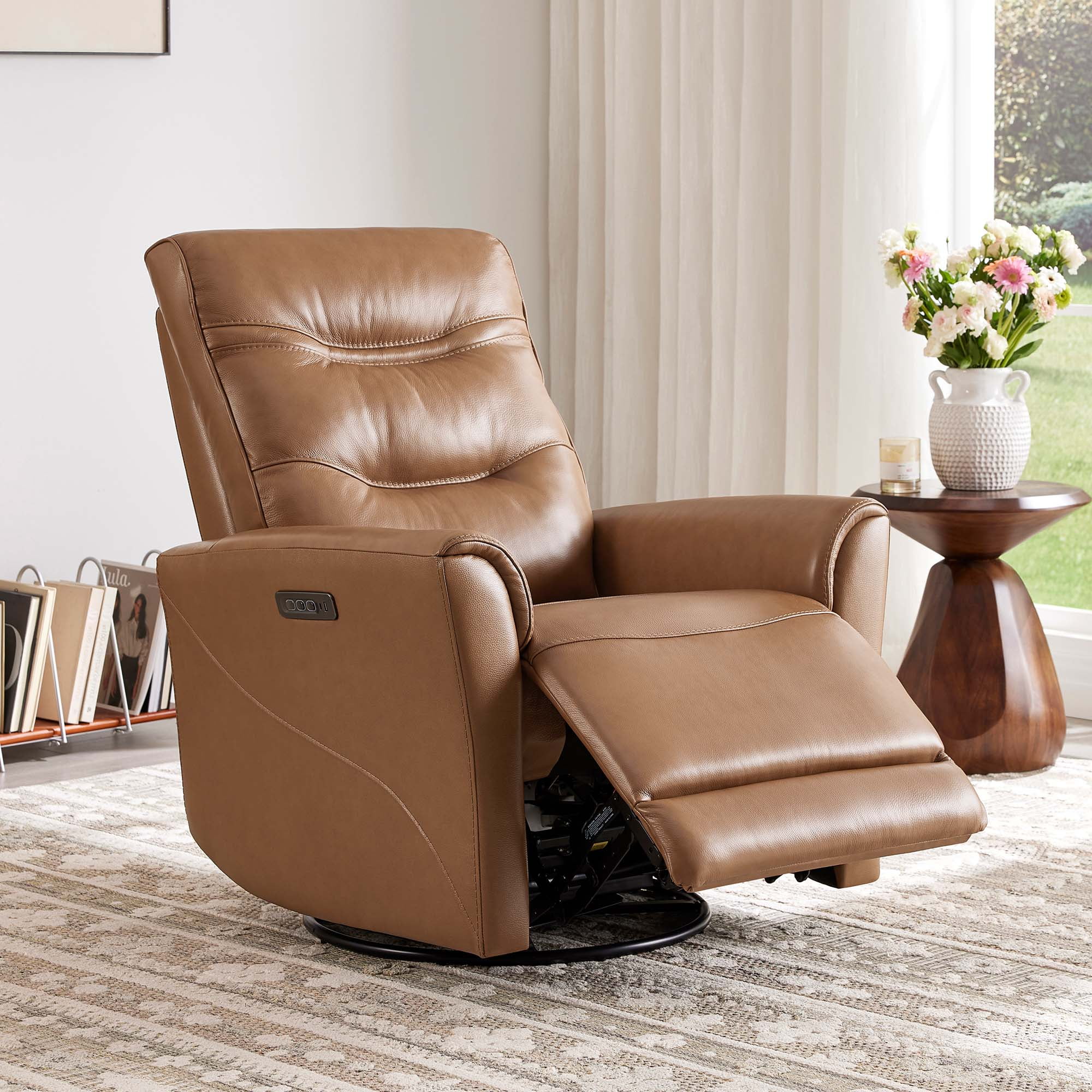 Spruce & Spring Genuine Leather Swivel Glider Recliner with Triple Motor Support, Saddle