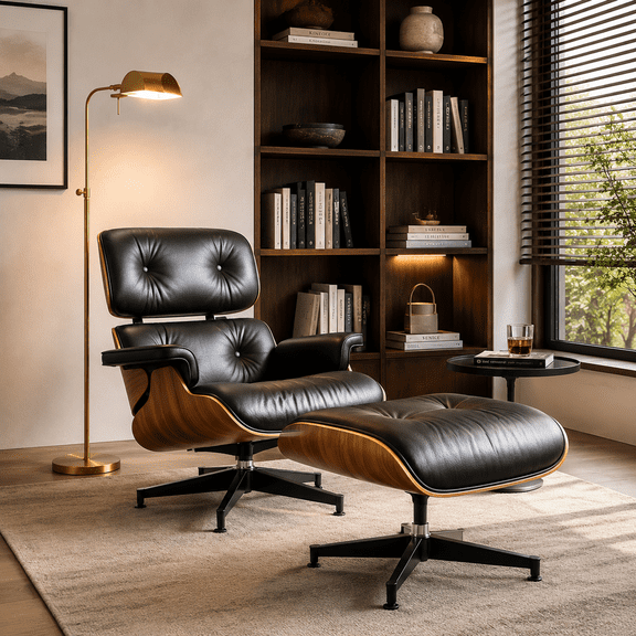Genuine Leather Swivel Lounge Accent Chair with Ottoman, Mid Century Modern Chair for Living Room, Bedroom, Study, Black Rosewood