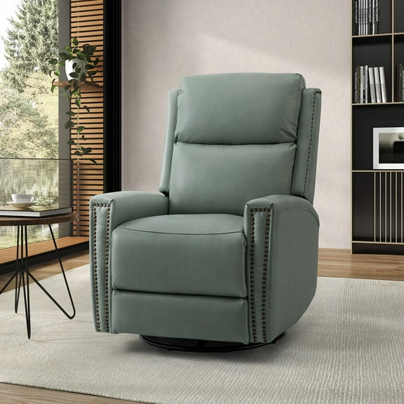 Genuine Leather Swivel Recliner, Manual Glider Rocker Recliner Chair with Adjustable Backrest Footrest for Living Room Bedroom Sage