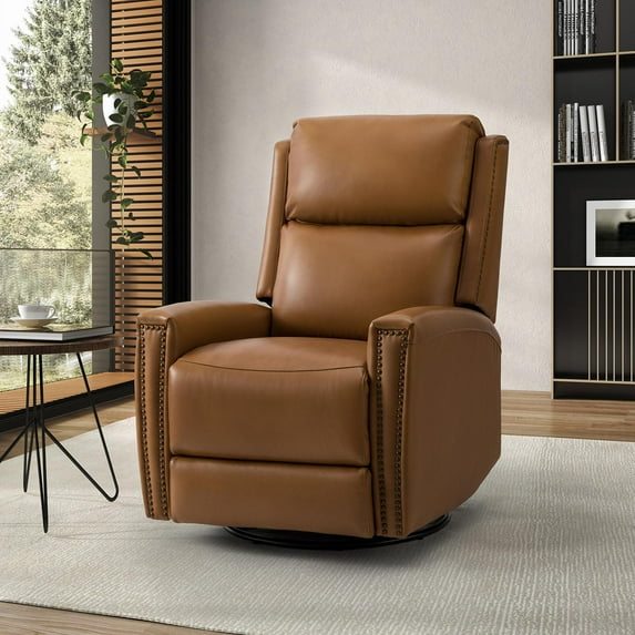 Genuine Leather Swivel Recliner,Push Back Chair with Adjustable Backrest Footrest, Modern Home Theater Lounge Sofa Armchair for Living Room Bedroom Camel