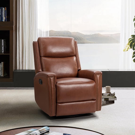 Genuine Leather Swivel Rocker Recliner Chair Push Back Theater Armchair Nailhead Trims Home Bedroom Brown