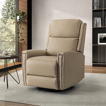 Genuine Leather Swivel Rocker Recliner,Push Back Chair with Adjustable Backrest Footrest, Modern Home Theater Lounge Sofa Armchair for Living Room Bedroom Beige