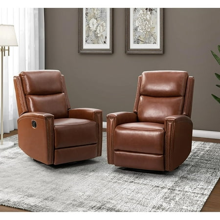 Genuine Leather Swivel Rocker Recliner Set of 2, Manual Glider for Home Living Room Brown