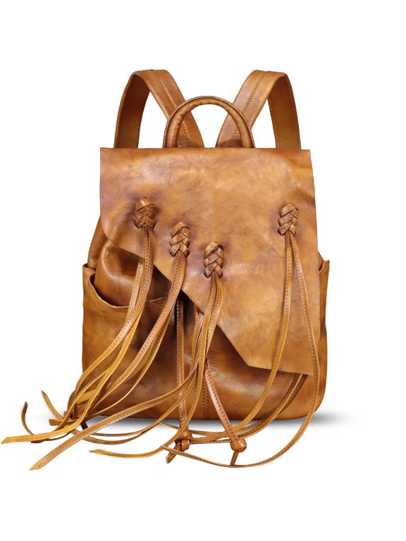 Genuine Leather Tassels Backpack Purses for Women Vintage Knapsack Rucksack Bag
