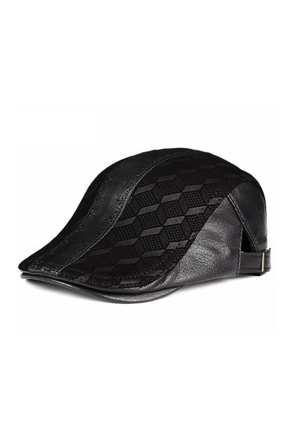 Genuine Leather Thin Print Geometry Berets Hats For Men Duckbill Leisure Black/Brown 54-61cm Fitted Cabbie Bonnet ,Durable Quality
