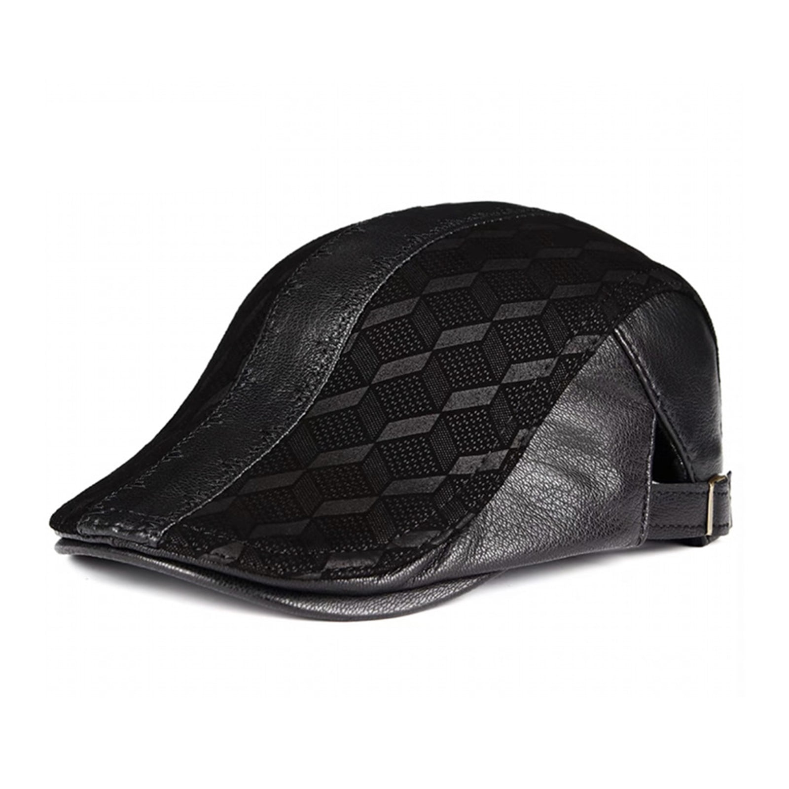 Genuine Leather Thin Print Geometry Berets Hats For Men Duckbill Leisure Black/Brown 54-61cm Fitted Cabbie Bonnet ,Fashion Design