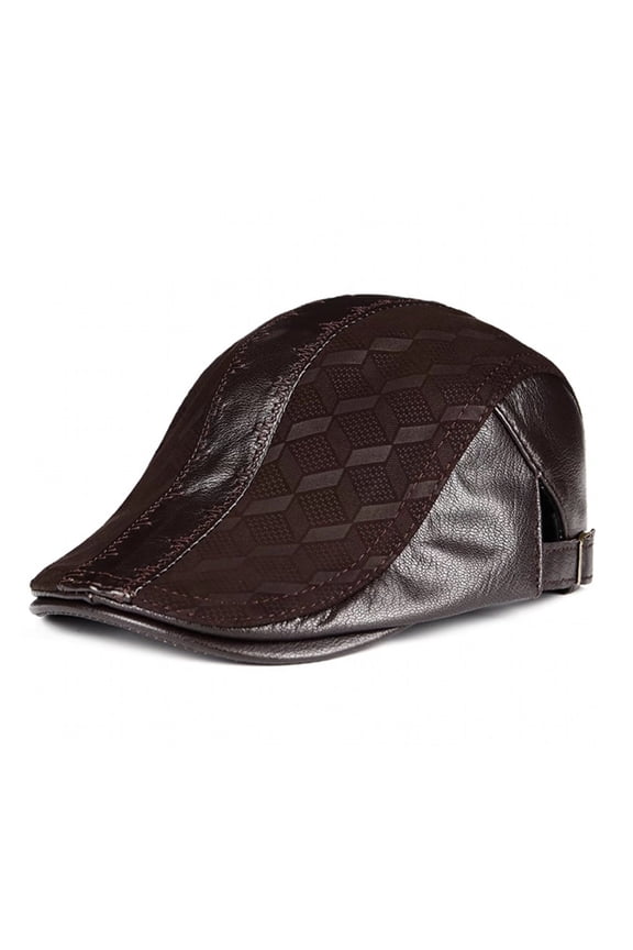 Genuine Leather Thin Print Geometry Berets Hats For Men Duckbill Leisure Black/Brown 54-61cm Fitted Cabbie Bonnet ,Unique Design