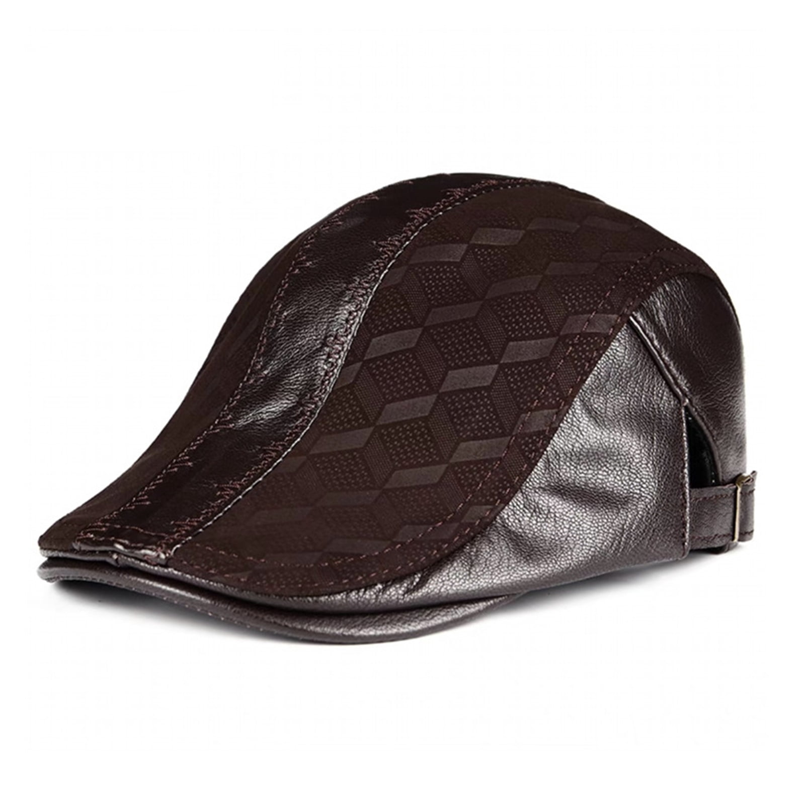 Genuine Leather Thin Print Geometry Berets Hats For Men Duckbill Leisure Black/Brown 54-61cm Fitted Cabbie Bonnet ,Unisex