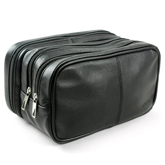 Genuine Leather Toiletry Bag Grooming Shaving Accessory Kit with 3-layered Storage & Handle Strap