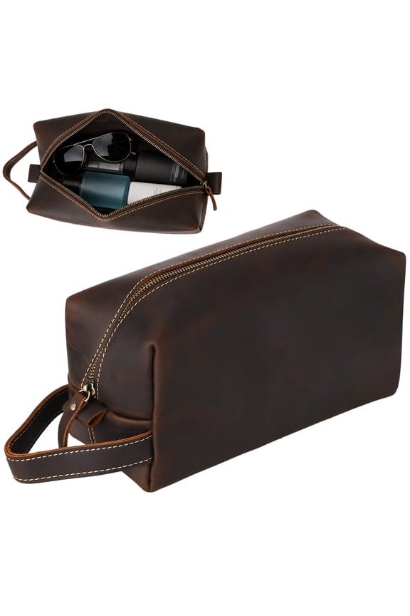 Genuine Leather Toiletry Bag for Men, Large Travel Dopp Kit with Spacious Capacity, Portable Zippered Men's Toiletry Organizer for Business Trip Travel Gym Daily Grooming Storage