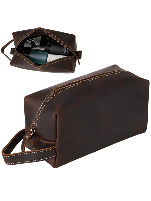 Genuine Leather Toiletry Bag for Men, Large Travel Dopp Kit with Spacious Capacity, Portable Zippered Men's Toiletry Organizer for Business Trip Travel Gym Daily Grooming Storage