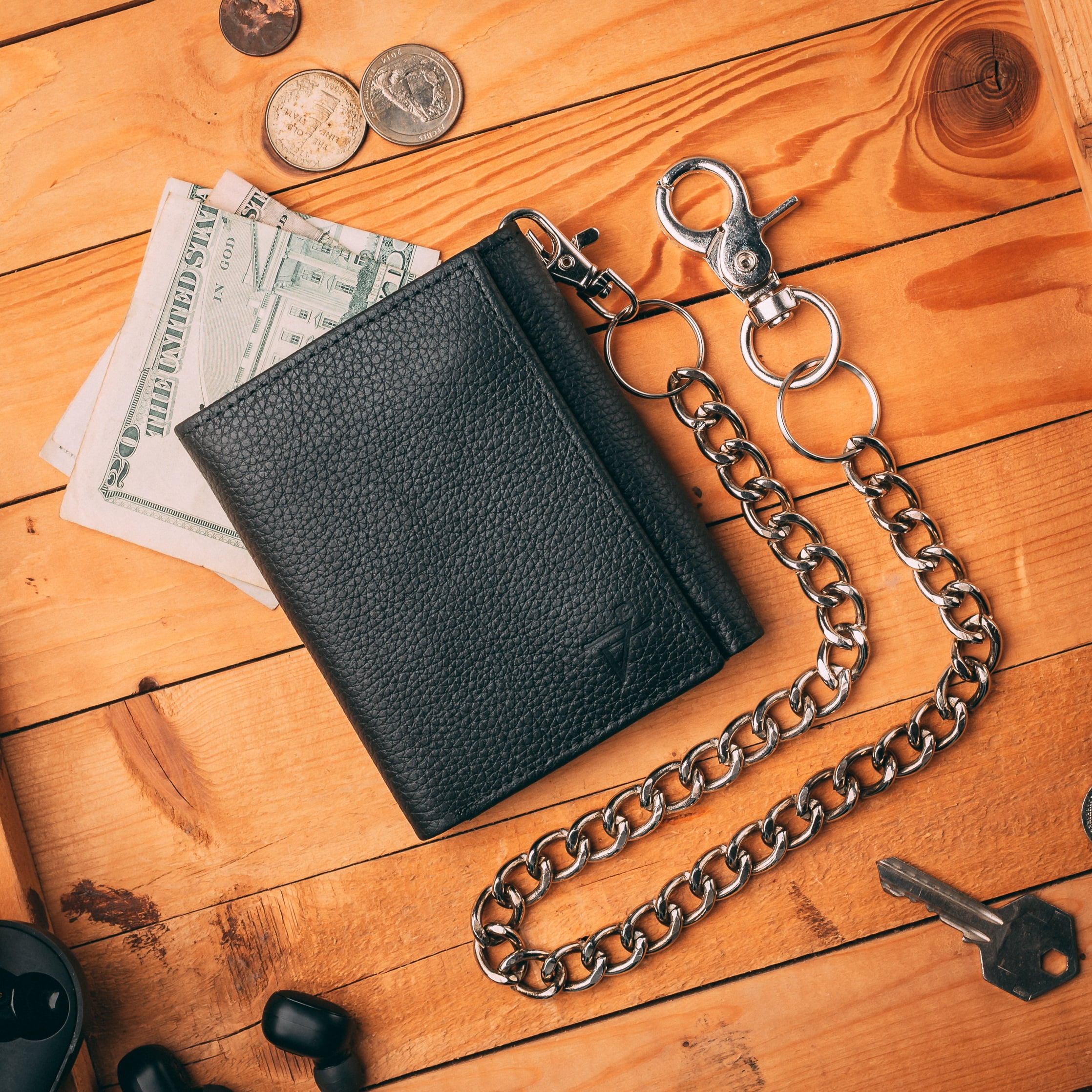 Black Leather Wallet Multi Card Slots Trifold RFID Wallets for Men Motorcycle Wallet with Chain Walmart