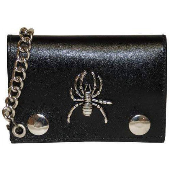 Genuine Leather Trifold Biker Chain ID Card Holder Wallet Spider Logo 1046-16 (C)